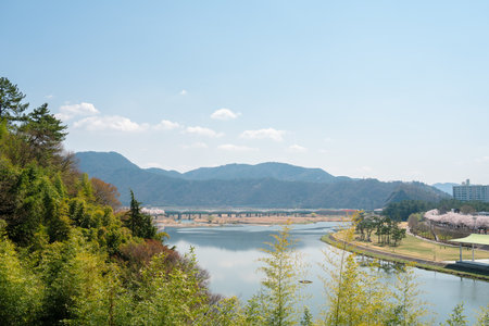 View of Miryang River park at spring in Miryang, Koreaのeditorial素材
