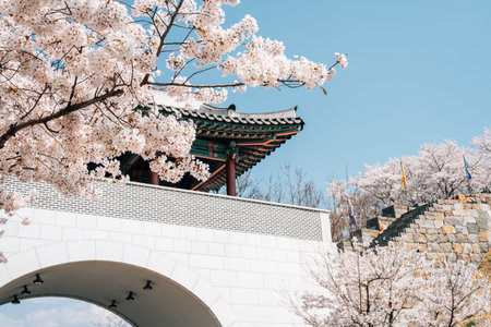Miryang Eupseong Fortress gate with cherry blossoms in Miryang, Koreaのeditorial素材
