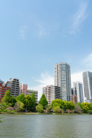 Ueno Park Shinobazu Pond and skyscraper at spring in Tokyo, Japanのeditorial素材