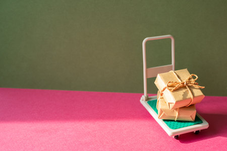 Trolley cart with gift boxes on pink and khaki green background. Parcel Delivery Concept