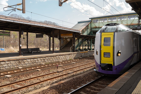 Noboribetsu, Hokkaido, Japan - April 24, 2023: Noboribetsu railway station platform and train
