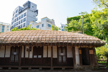 Jeju island, Korea - April 27, 2024 : Seogwipo Lee Jung Seop Street traditional thatched Houseのeditorial素材