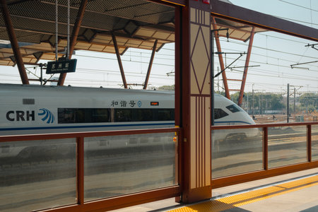 Suzhou, China - March 17, 2025: Suzhou Railway Station platform Hexie high-speed trainのeditorial素材