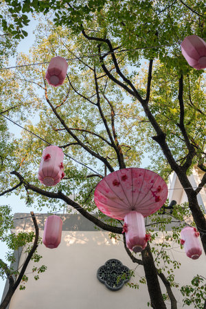 Suzhou, China - March 16, 2025: Peach Huawuli traditional shop streetのeditorial素材