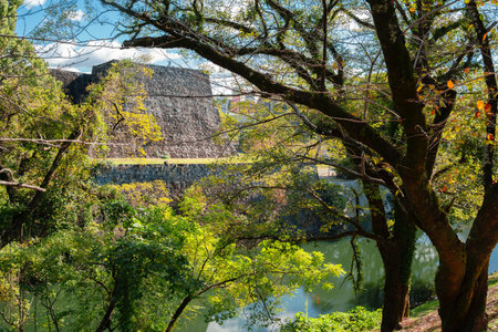 Kumamoto Castle Fortress Stone Wall and Moat with Green Forest in Japanのeditorial素材
