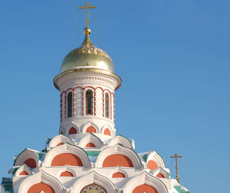 Winter photo of top part of Kazan Cathedral on Red Square in Moscowの写真素材