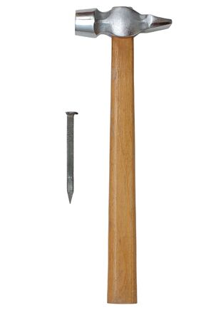 Hammer with wooden handle and nail isolated on whiteの写真素材