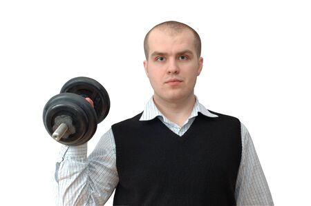 Man in shirt and waistcoat holding dumbbell in one handの写真素材