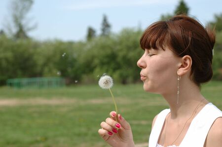 Young female blowing dandelion in a sunny dayの写真素材