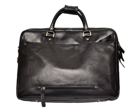 Men's black leather bag isolated on white backgroundの写真素材