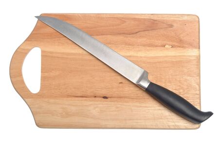 One knife with black handle over cutting board isolated on white backgroundの写真素材