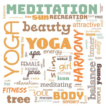 motivation yoga word cloud, word cloud use for banner, painting, motivation, web-page, website background, t-shirt & shirt printing, poster, gritting (illustration)の写真素材