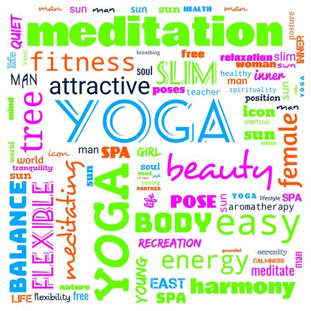 motivation yoga word cloud, word cloud use for banner, painting, motivation, web-page, website background, t-shirt & shirt printing, poster, gritting (illustration)の写真素材