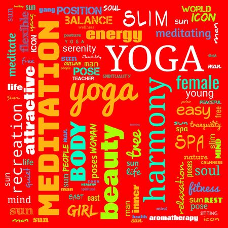 motivation yoga word cloud, word cloud use for banner, painting, motivation, web-page, website background, t-shirt & shirt printing, poster, gritting (illustration)の写真素材