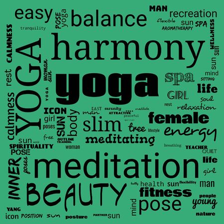 motivation yoga word cloud, word cloud use for banner, painting, motivation, web-page, website background, t-shirt & shirt printing, poster, gritting (illustration)の写真素材
