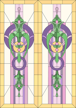 Stained glass with geometric patterns of stylized flowers. In a rectangular frame for a window or door. Classical style. Vector Illustration.のイラスト素材