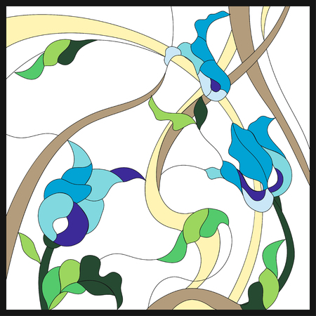 Colored stained-glass window in a square frame, abstract floral arrangement of buds and leaves in the art Nouveau styleのイラスト素材