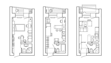 Architectural plan of a house. Layout of the apartment with the furniture in the drawing view. With kitchen and bathroom, living room and bedroom. Graphic design elements. Black and White outline layout. Vector.のイラスト素材