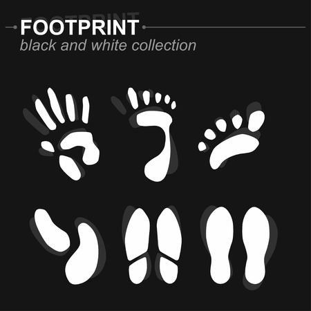Set of prints of the hands and feet, footprints, silhouette, isolated on black background. Vectorのイラスト素材