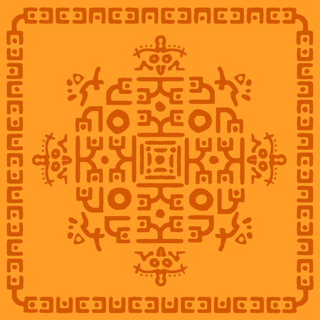 Ethnic Rug, tribal background Mayan symbol, hand draws ornament with geometric symmetrical pattern. Embroidery design for background or wallpaper and clothing. Vector illustration.のイラスト素材