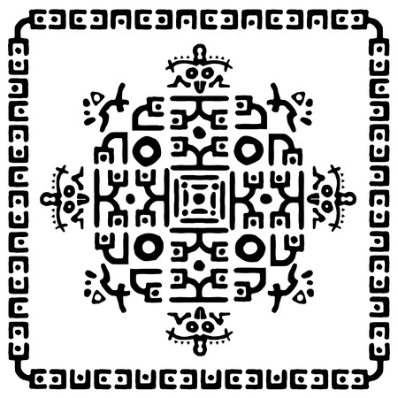 Black and white abstract graphic background, ornamental geometric pattern with frame in  tribal ethnic ornament.のイラスト素材