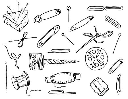 Set of objects for sewing, handicraft. Sewing tools and sewing kit: pin, thread. clip, skein, knot, needle, button, awl Doodle vector collection.のイラスト素材