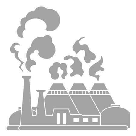 Industrial factory building. Silhouette nuclear power plant. Flat vector icon.Industry concept manufactory chimney pipe.のイラスト素材