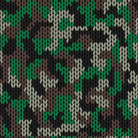 Stylish knitted military camo. Green wool camouflage pattern. Seamless texture. Design for fabric printing. Vector backgroundのイラスト素材