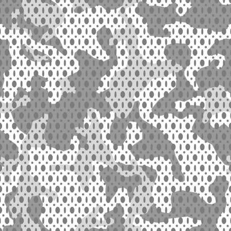 Vector white monochrome camouflage seamless mesh pattern. Camo design for t-shirt. Military fabric texture with holes. Army clothingのイラスト素材