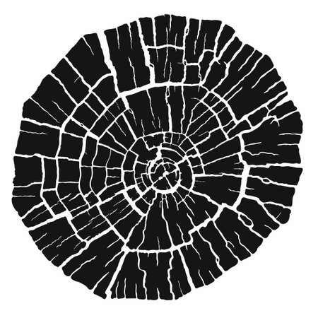 Black and white stamp of wood texture of tree rings from a slice of log.のイラスト素材