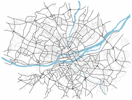 Nant city map (France) - town streets on the plan. Monochrome line map of the scheme of road. Urban environment, architectural background. Vectorのイラスト素材