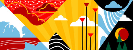 Retro colorful geometrical banner. Collage with simple shapes composition, design background. Vector...