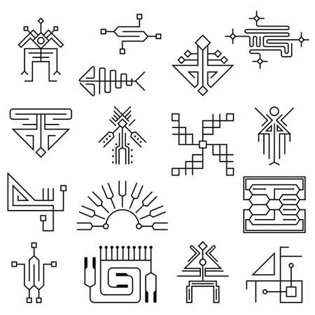 Electronic design. High tech background. Microcircuit element stylized in a futuristic style. Thin line icons set. Vectorのイラスト素材