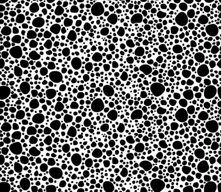 Geometric seamless pattern with black polka dots of small and large scale. Monochrome texture with scattered, random circles shapes. Black and white hand drawn dots. Vector bubble backgroundのイラスト素材