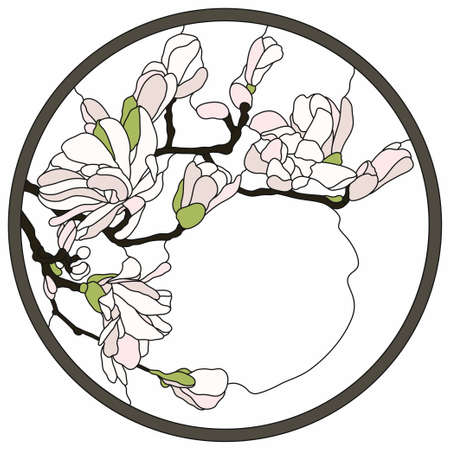 Colored stained-glass window in a round frame. Orchid floral arrangement of buds and leaves in the art Nouveau style. Vector illustrationのイラスト素材