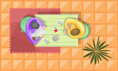 A scene for the kitchen. People are sitting at the table. The interior with furniture in the view from above. Color furniture icon for floor plan. Table, coffee, carpet, plant and tile floor. Vectorのイラスト素材