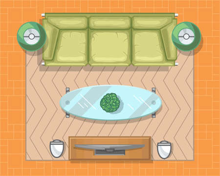 Home cinema in top view. Living room in house, apartment or hotel with furniture. Modern interior with tv, sofa, table and carpet. Vector illustrationのイラスト素材