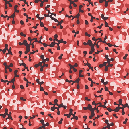 Fashionable pink and crimson color camouflage pattern. Military fabric design. Seamless  background, masking clothing, red camo repeat print. Vector wallpaper.のイラスト素材