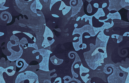 Funky art background in abstract style. Canvas painting with eye, curves line, faces,  with...