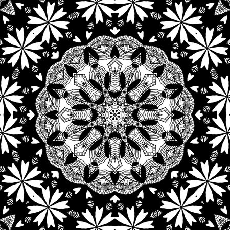 Kaleidoscope rings, tribal ethnic background. Mayan round hand draws ornament with geometric symmetrical pattern. Black and white concentric circle texture. Mandala illustrationの写真素材