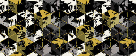 Grunge black strokes geometrical cube camouflage print, modern fashion design. Paint hexagon camo military pattern. army uniform. Dark fashionable fabric. Vector seamless urban textureのイラスト素材