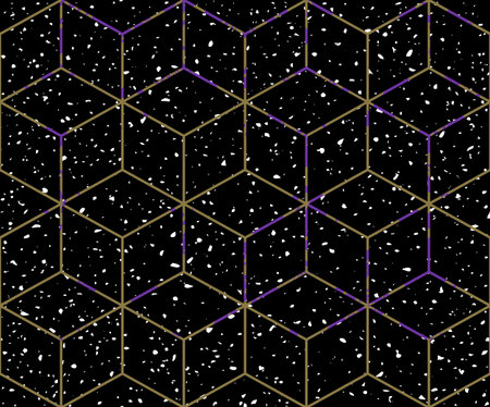 Black outer space and hexagonal lattice texture. Floor tiles or wall texture cosmic print. Seamless...