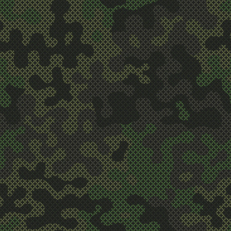 Green cross stitch camouflage seamless pattern for your design. Fashionable emerald color knit fabric texture. Vector crochet camo backgroundのイラスト素材