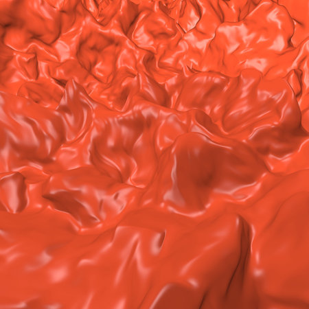 Red plastic background with bulges wave surface. Smooth relief forms soft shadows and curves. Paint...