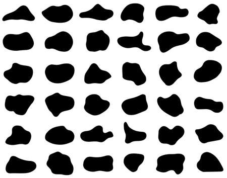 Set of abstract organic shapes. Black random isolated blotch. Basic, simple rounded, smooth form of pebble stone or cow spot for texture make. Oval blobs collection. Vectorのイラスト素材
