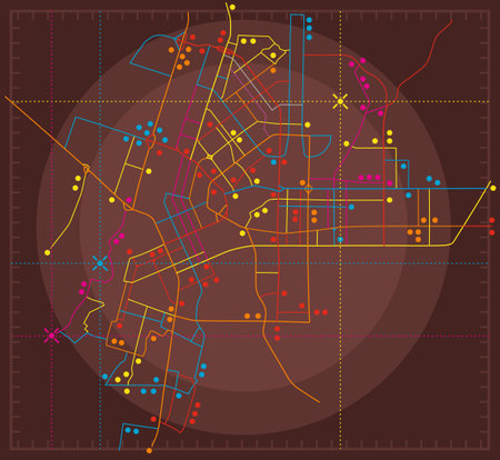 Abstract city map with location peeling markers. Determining the street layout on the radar. Transport scheme of roads. vector backgroundのイラスト素材