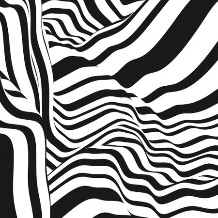 Psychedelic distorted lines backdrop. Abstract striped mountain pattern. Texture with wavy hills, curves stripes. Optical art background. Wave black and white 3D design. Vectorのイラスト素材