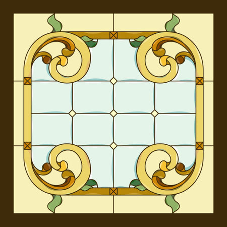 Ceiling panels stained glass window. Abstract flower, swirls and leaves in square frame, geometric ornament, symmetric composition, tiffany technique, classic style. vectorのイラスト素材