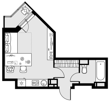 Architecture plan with furniture. House floor plan. Kitchen, lounge and bathroom. Thin line icons set. Interior design, top view. vectorのイラスト素材