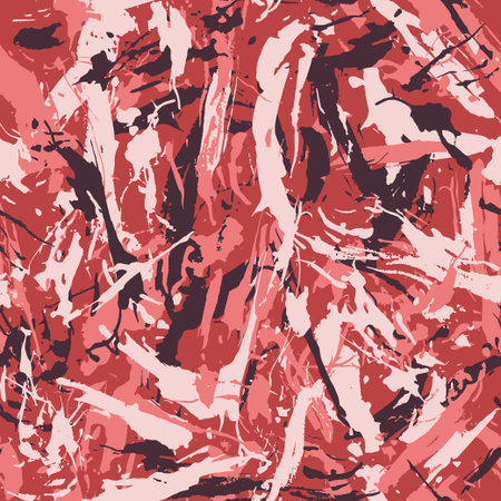 Stroke camo seamless pattern. Dry brush camouflage. Red paint background. freehand artistic texture. Hand drawn artistic design wallpaper. Hand drawn vector, expressionism styleのイラスト素材